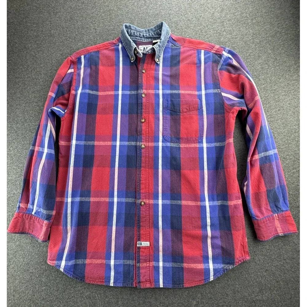 VTG 90s American‎ Eagle Men's Sz M Denim Button-Up Shirt Plaid Cotton Grunge Y2K